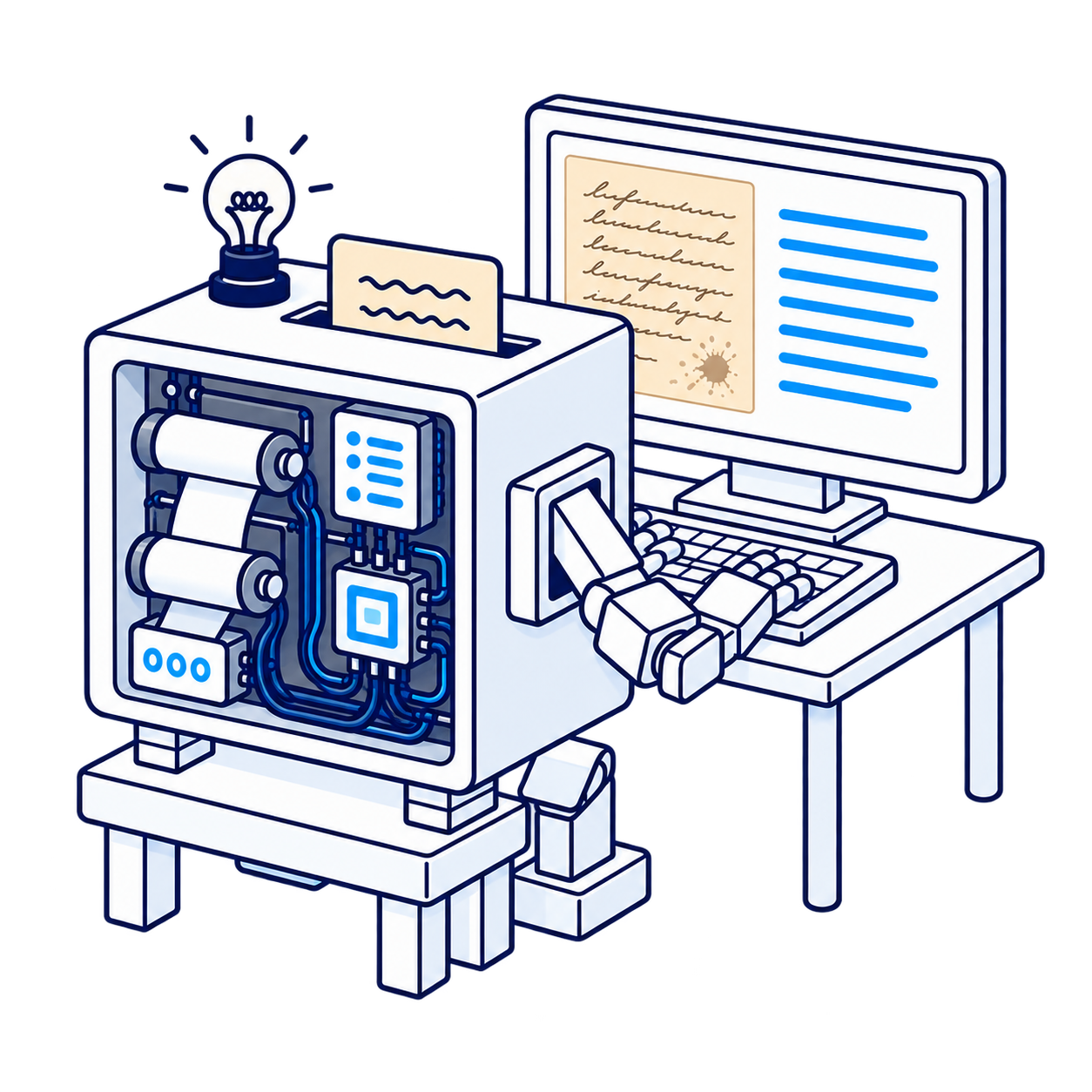 Transcribia robot processing documents at a computer