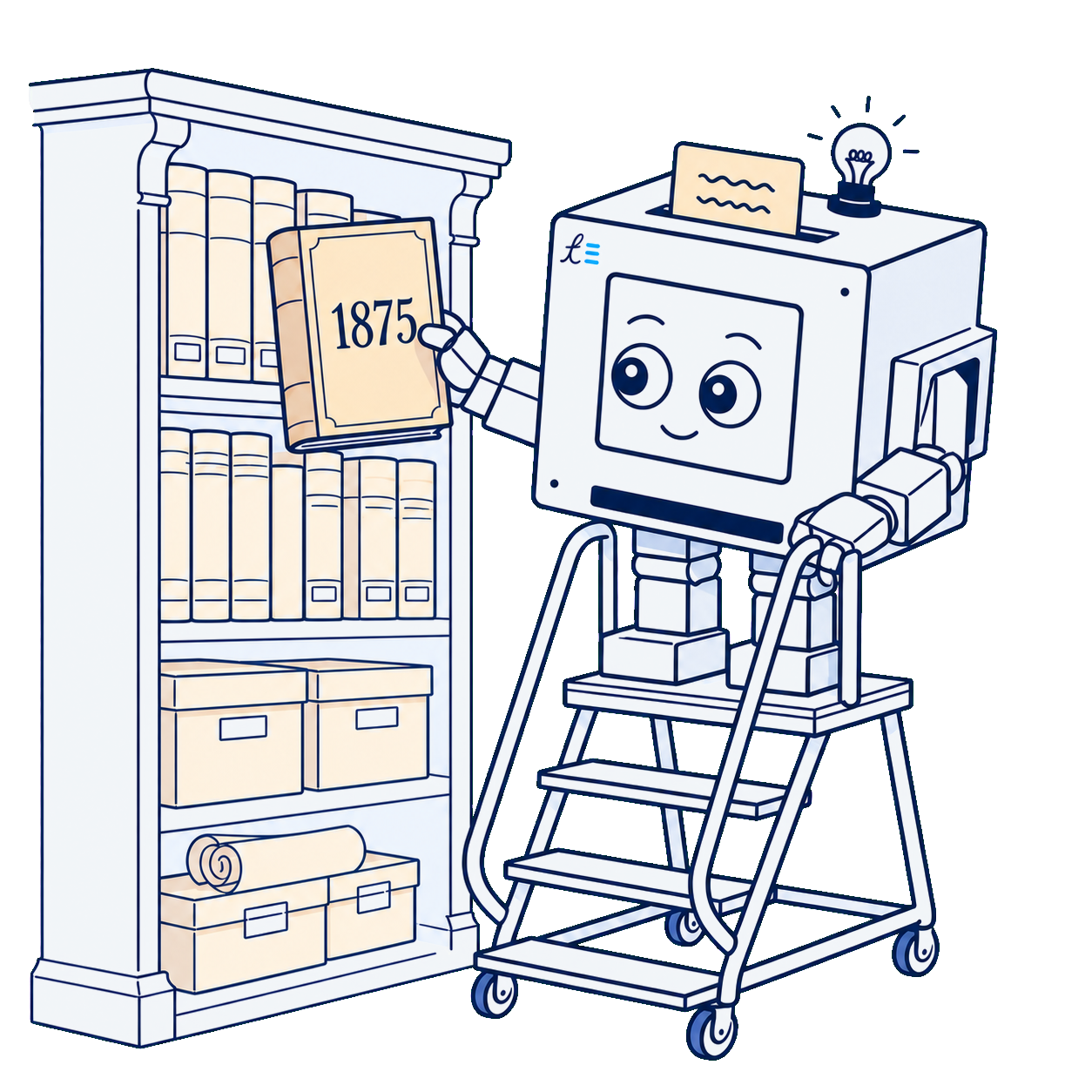 Robot on a ladder retrieving an 1875 volume from a shelf