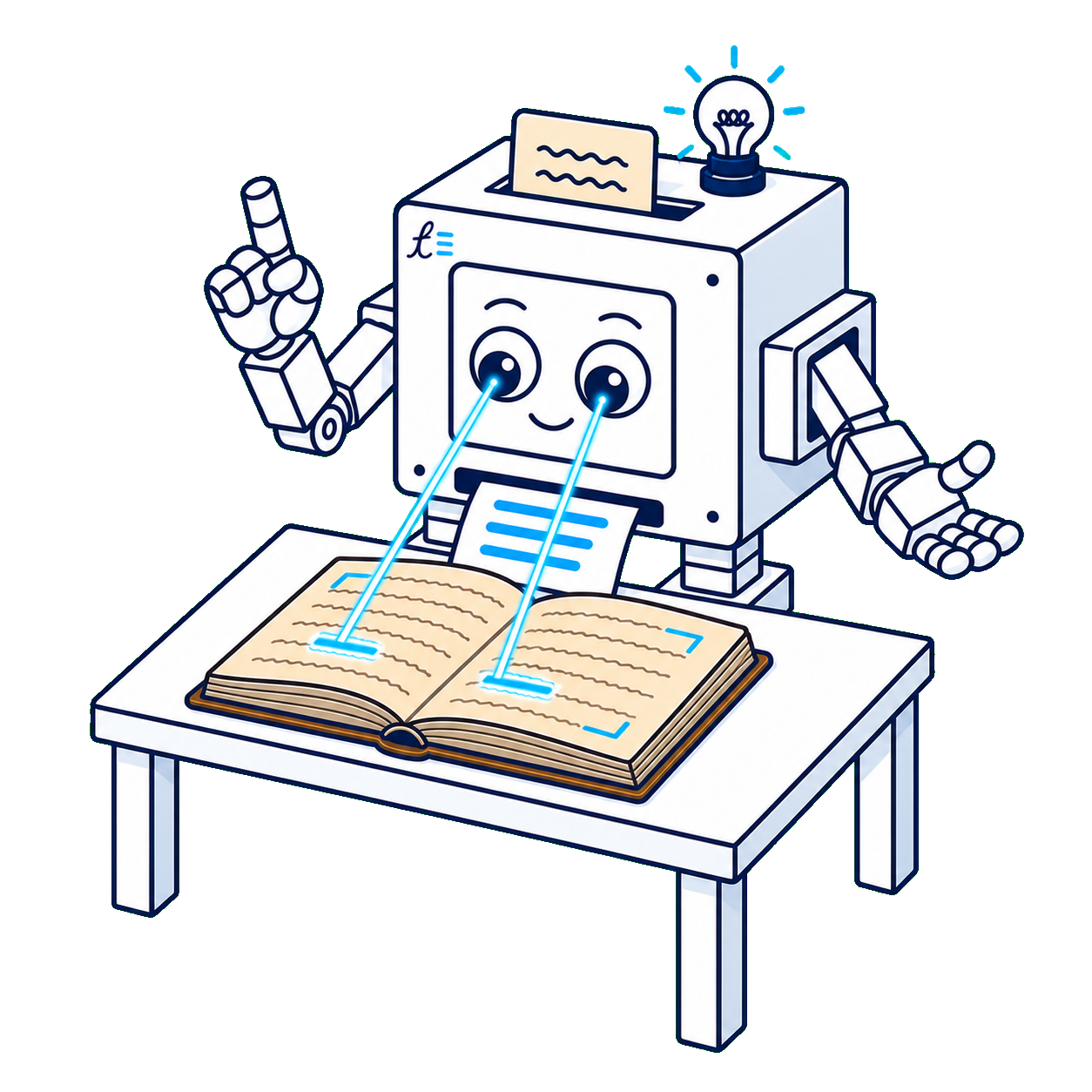 Transcribia robot reading an open book