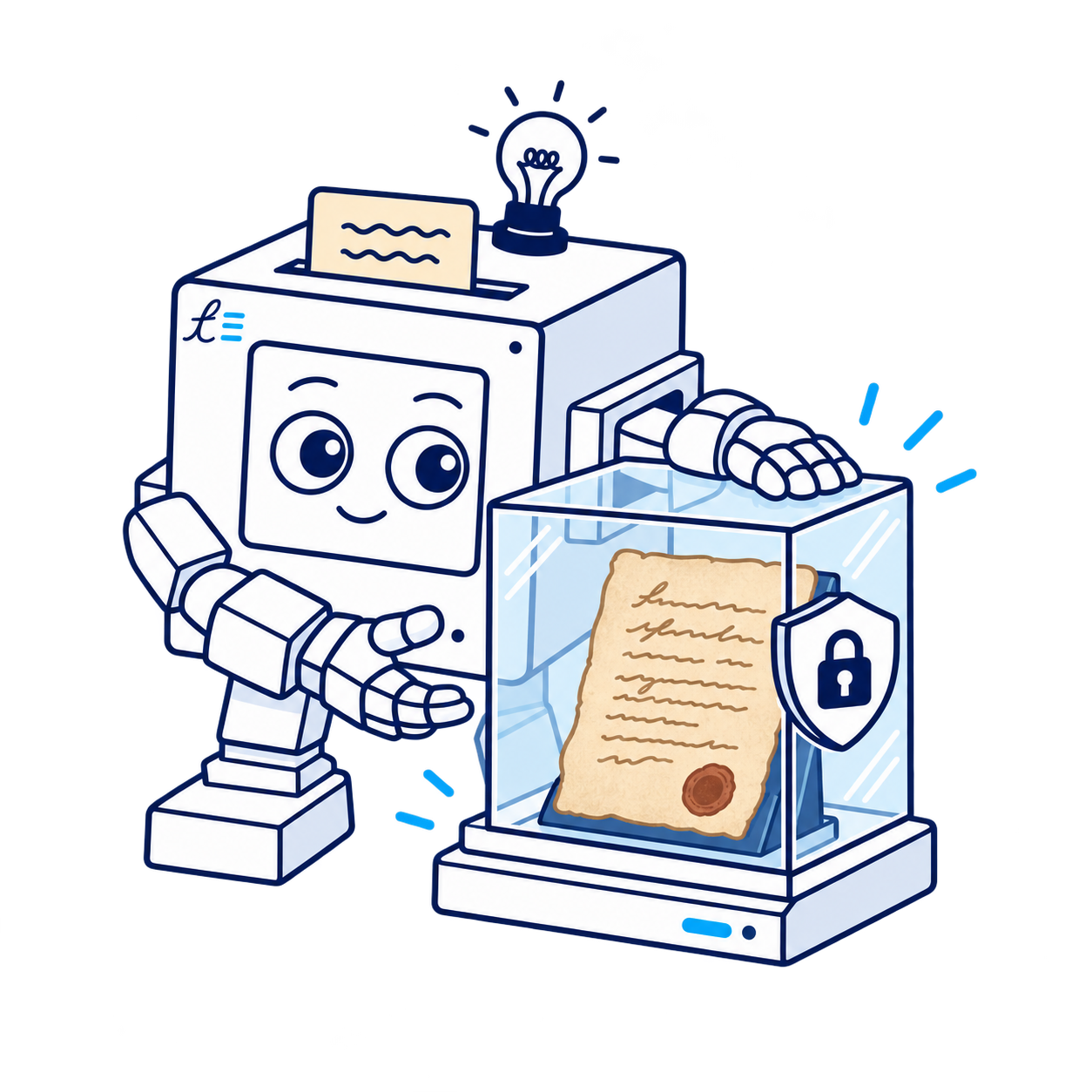 Robot protecting a document inside a glass enclosure